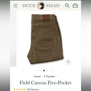 Duck Head Field Canvas Five Pocket Pant in Dark Olive size 34x30